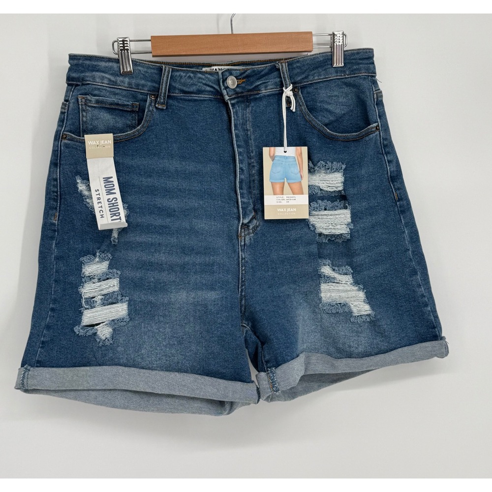 Wax Jean Mom Shorts Medium Wash Distressed Cuffed High Rise Sz 3X NEW